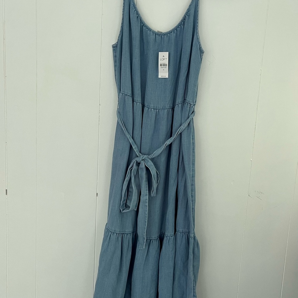 NEW LOFT Linen Lyocell Chambray Tiered Belted Swing Midi Dress Size Medium - Picture 5 of 13
